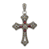 Red CZ and Marcasite Cross Charm Pendant in Real 925 Sterling Silver