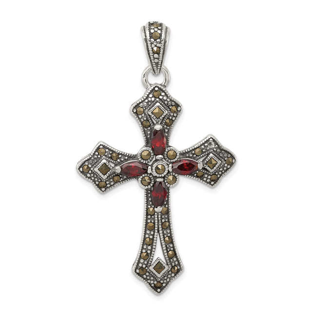 Red CZ and Marcasite Cross Charm Pendant in Real 925 Sterling Silver