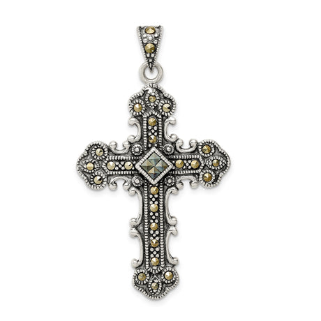 Sterling Silver Cross Pendant with Marcasite, Vintage Filigree Scroll Design