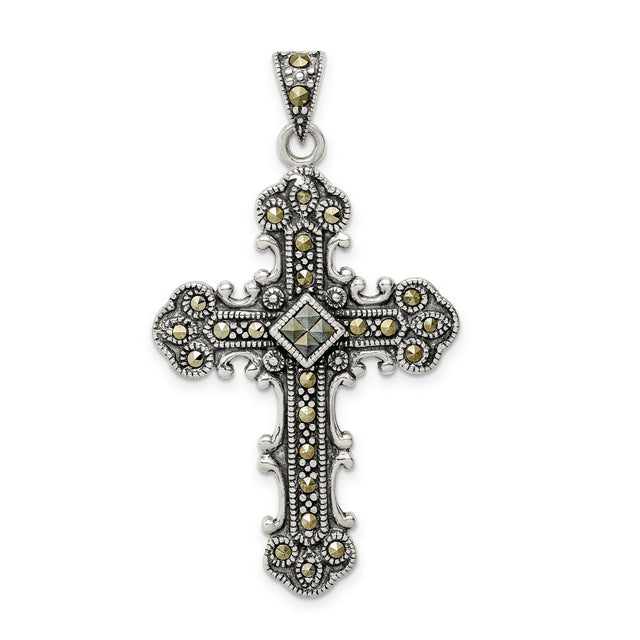 Marcasite Cross Charm Pendant in Real 925 Sterling Silver