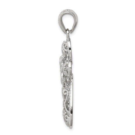 Sterling Silver Cross Pendant with Cubic Zirconia, Floral Design and Milgrain Edges