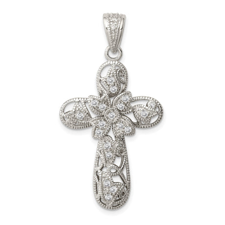 Sterling Silver Cross Pendant with Cubic Zirconia, Floral Design and Milgrain Edges