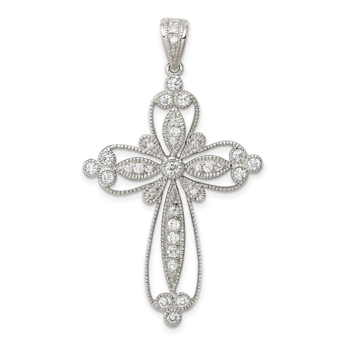 Sterling Silver Cross Pendant with Cubic Zirconia, Milgrain Edges and Filigree Design