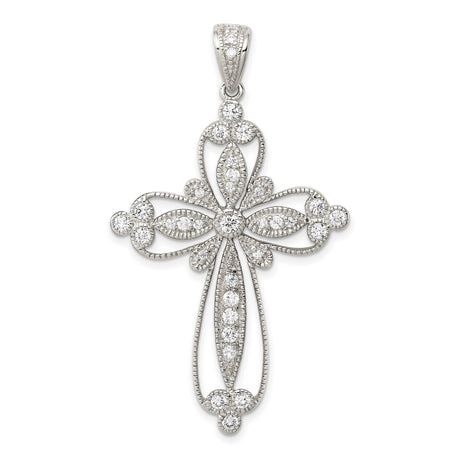 Sterling Silver Cross Pendant with Cubic Zirconia, Milgrain Edges and Filigree Design
