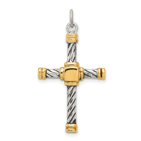 Antiqued & 18k Gold - plated Cross Charm Pendant in Real 925 Sterling Silver