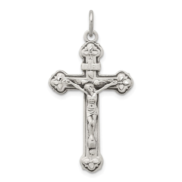 Sterling Silver Crucifix Cross Pendant with Raised Jesus and Floral Details for Men and Women