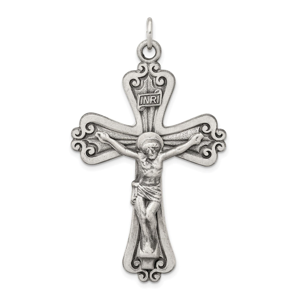 Sterling Silver Crucifix Pendant with INRI Scrollwork and Matte Finish Christian Design