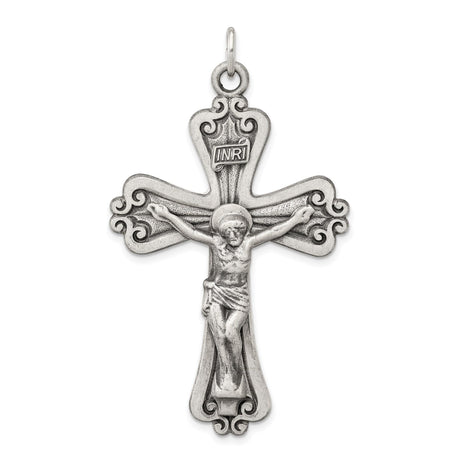 Sterling Silver Crucifix Pendant with INRI Scrollwork and Matte Finish Christian Design