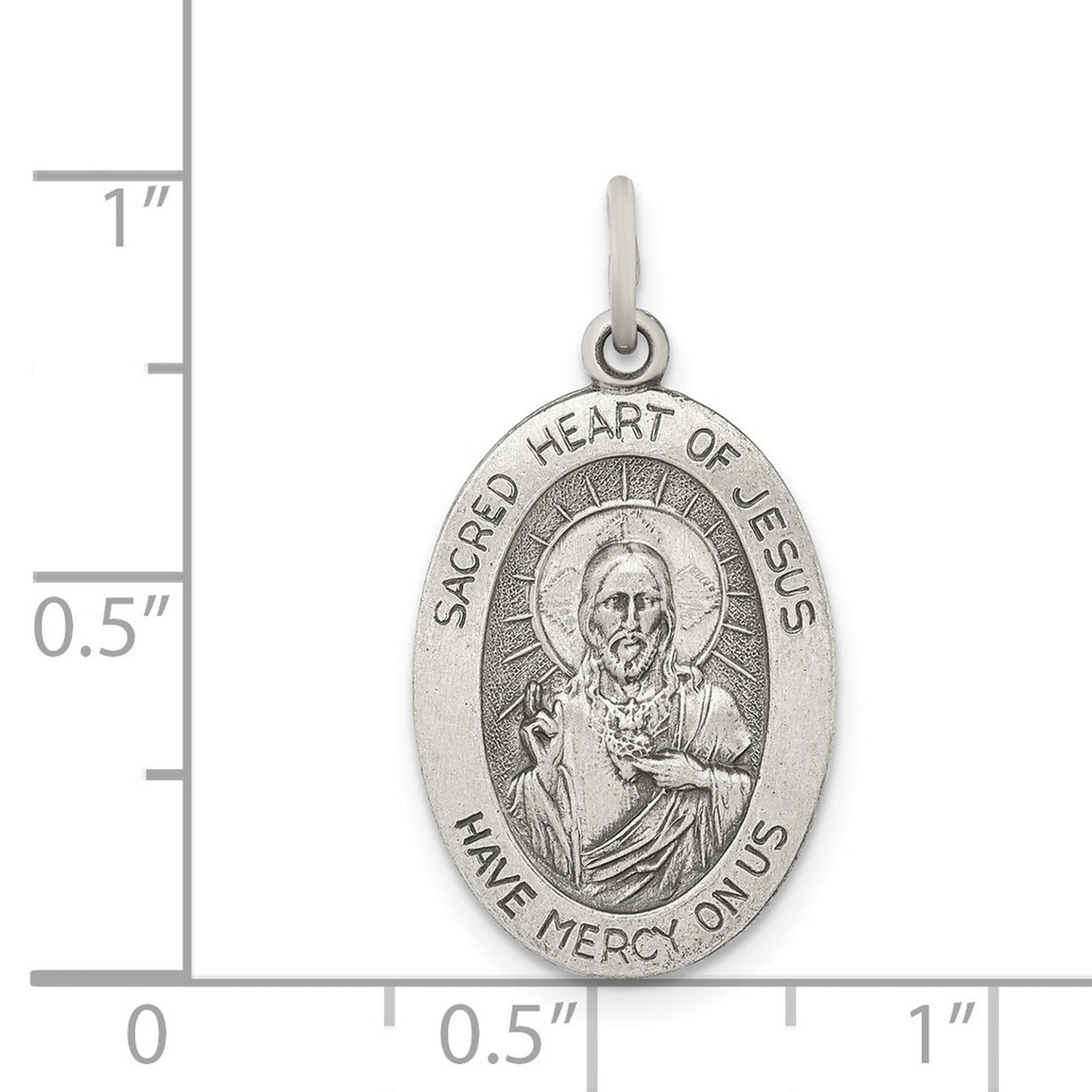 Sterling Silver Sacred Heart of Jesus Oval Medal with Have Mercy on Us Text