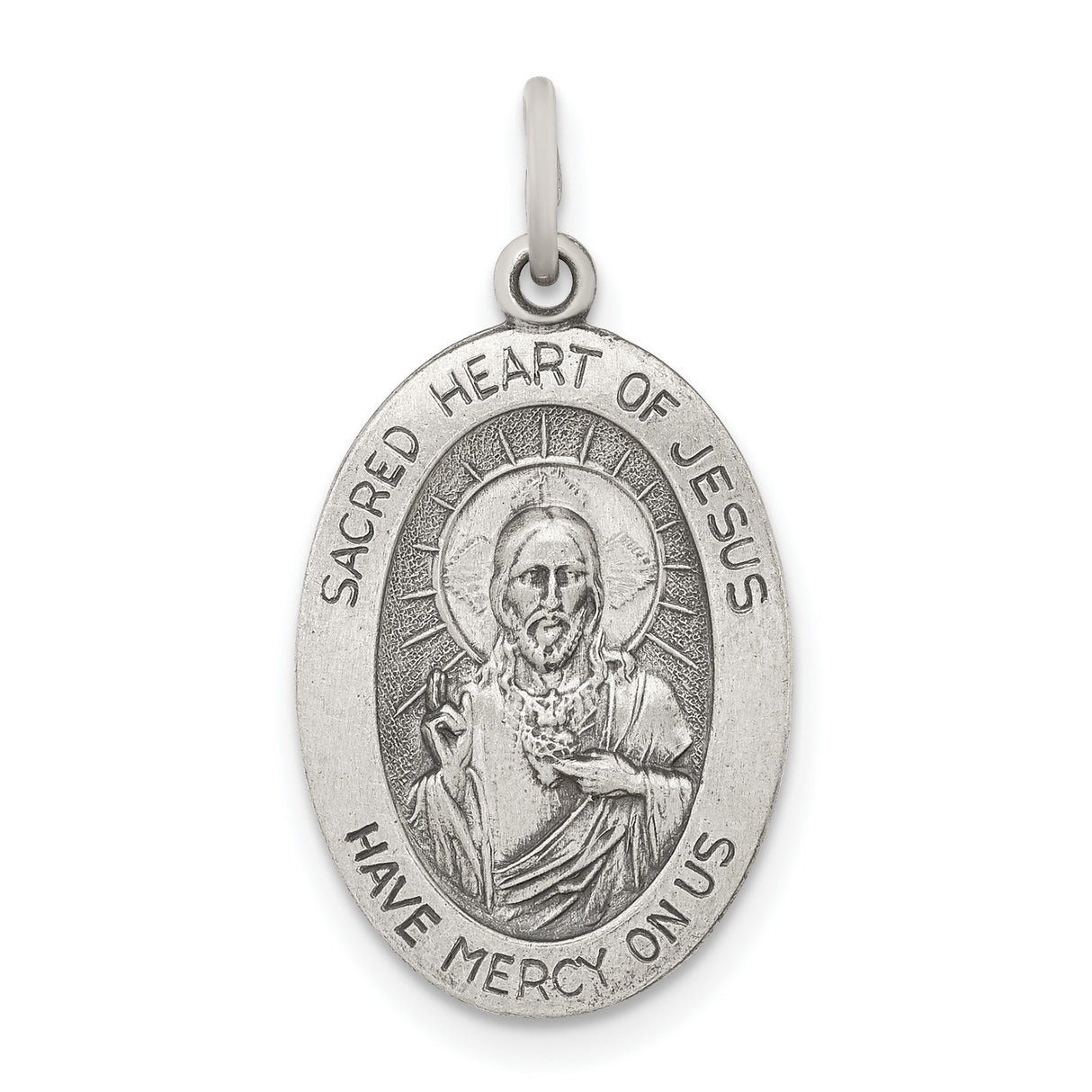 Sterling Silver Sacred Heart of Jesus Oval Medal with Have Mercy on Us Text
