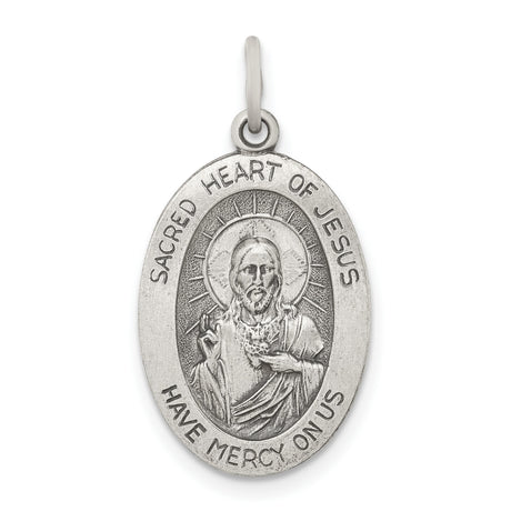 Sterling Silver Sacred Heart of Jesus Oval Medal with Have Mercy on Us Text