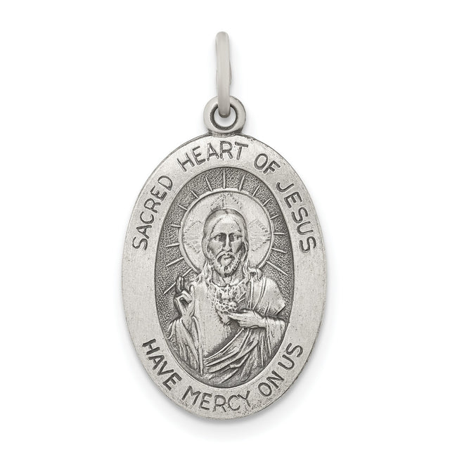 Sterling Silver Sacred Heart of Jesus Oval Medal with Have Mercy on Us Text