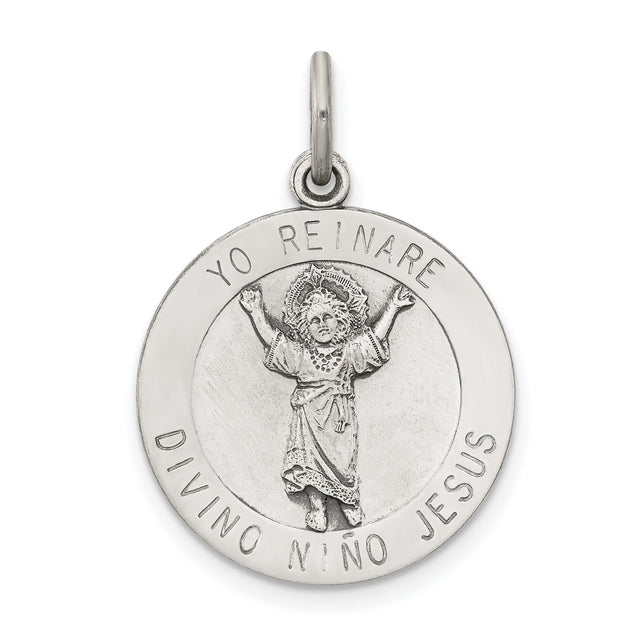 Sterling Silver Pendant, Divino Niño Jesus Catholic Medal with Yo Reinare Engraving