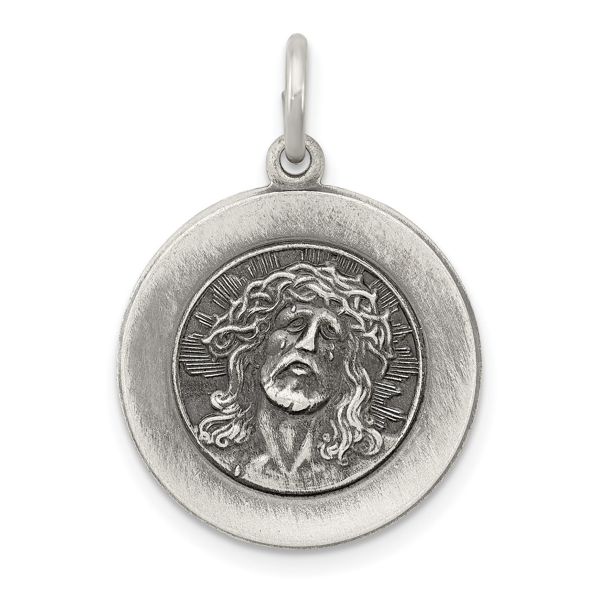 Sterling Silver Raised Jesus Christ Pendant with Crown of Thorns and Radiant Halo