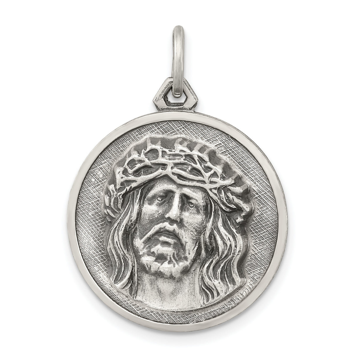 Sterling Silver Jesus Christ Pendant with Crown of Thorns, Religious Medal for Christians