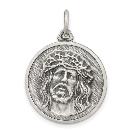 Sterling Silver Jesus Christ Pendant with Crown of Thorns, Religious Medal for Christians