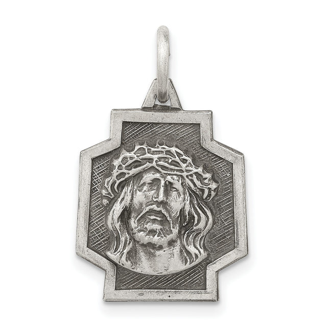 Sterling Silver Jesus Christ Pendant with Crown of Thorns, Christian Medal for Men