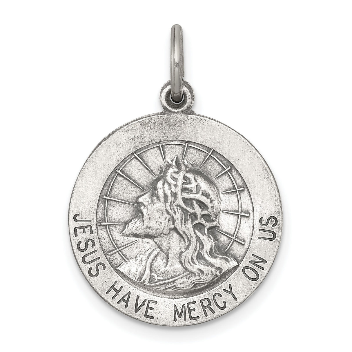 Sterling Silver Jesus Mercy Pendant with Crown of Thorns and Radiant Lines