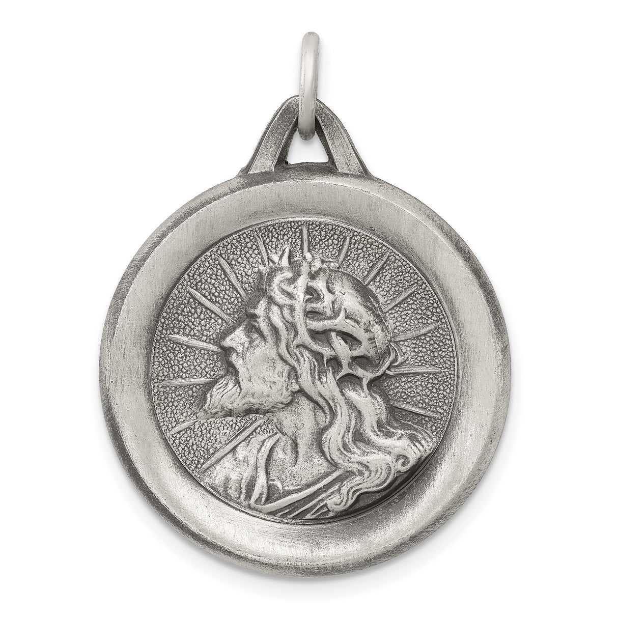 Sterling Silver Jesus Christ Pendant with Crown of Thorns and Radiant Background