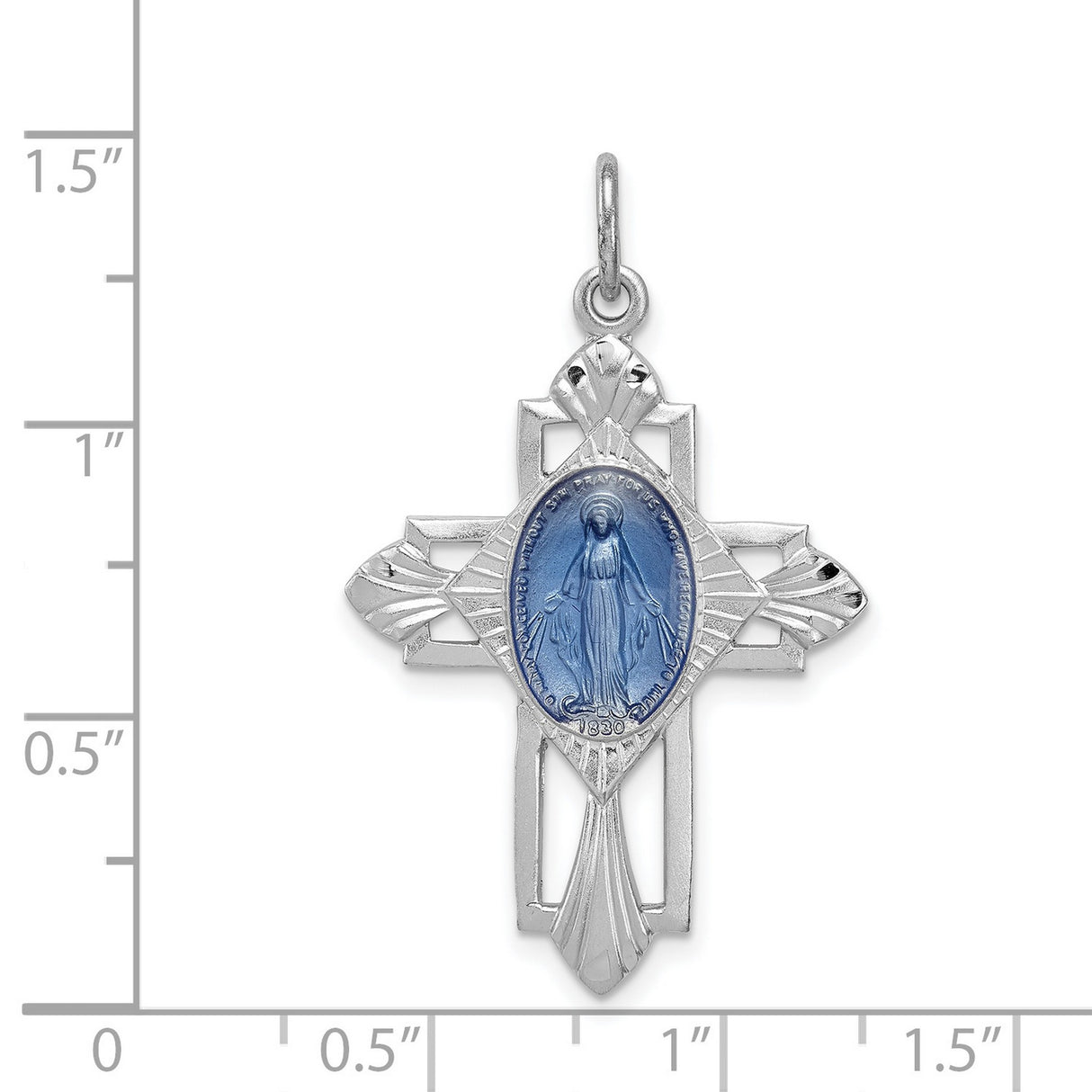 Sterling Silver Cross Pendant with Virgin Mary Medal and Blue Enamel , Religious Design for Men and Women