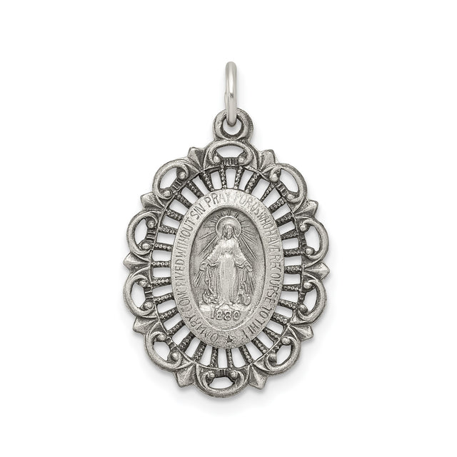 Sterling Silver Miraculous Medal Pendant with Virgin Mary and O Mary Conceived Inscription