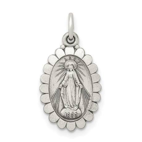 Sterling Silver Miraculous Medal Pendant, Virgin Mary Scalloped Oval with 1830 Inscription