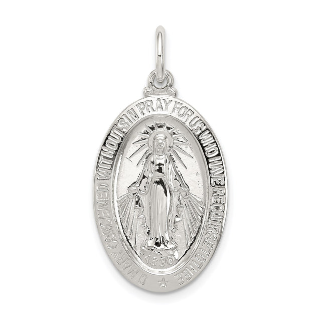 Sterling Silver Miraculous Medal Pendant Featuring Virgin Mary and Inscription