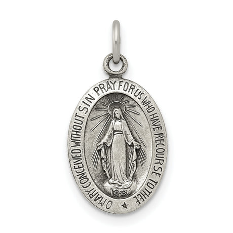 Sterling Silver Miraculous Medal Pendant, Virgin Mary with O Mary Conceived Inscription, Catholic Design