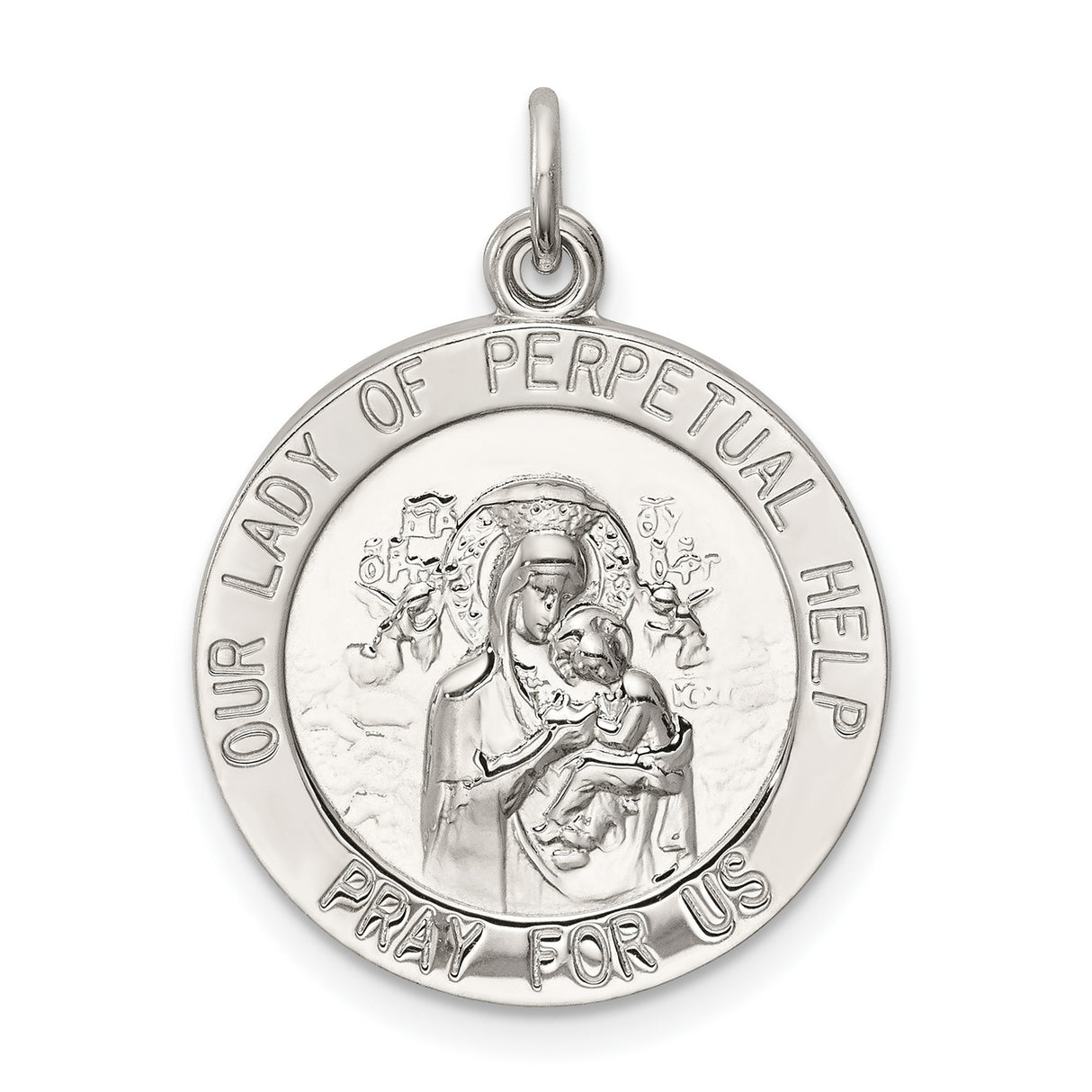 Sterling Silver Medal Pendant Featuring Our Lady of Perpetual Help and Pray for Us Inscription