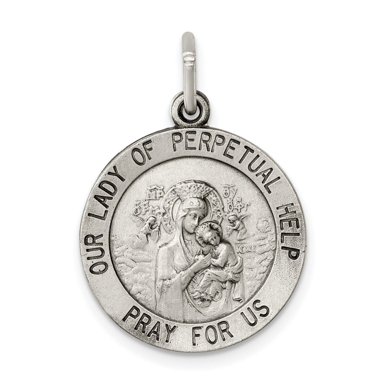 Sterling Silver Virgin Mary Pendant, Our Lady of Perpetual Help Medal with Pray for Us Inscription