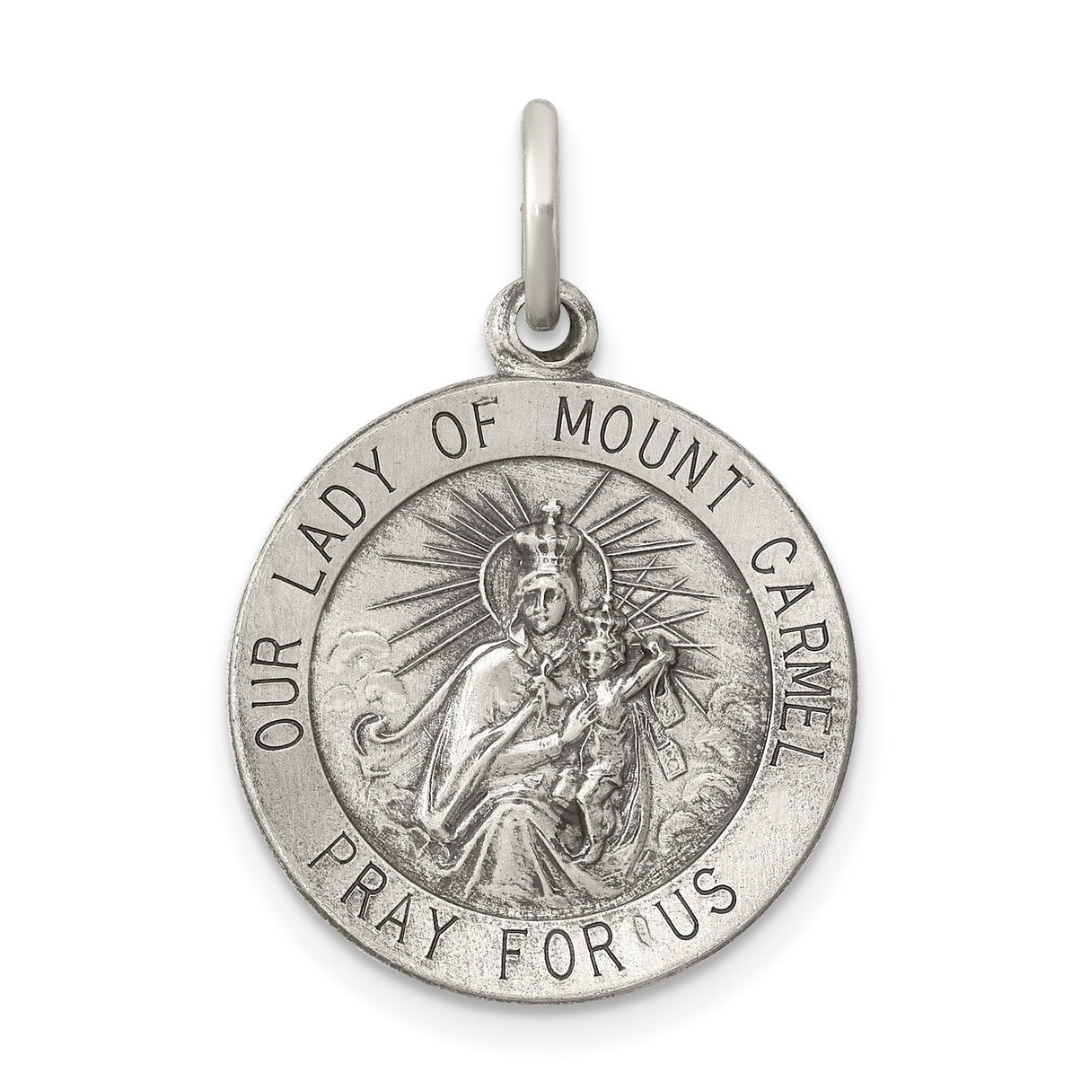 Sterling Silver Our Lady of Mount Carmel Pendant, Pray for Us Medal with Halos, Catholic Jewelry