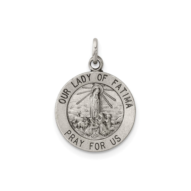 Sterling Silver Medal Pendant, Our Lady of Fatima with Rays and Prayer Text, Catholic Religious Charm
