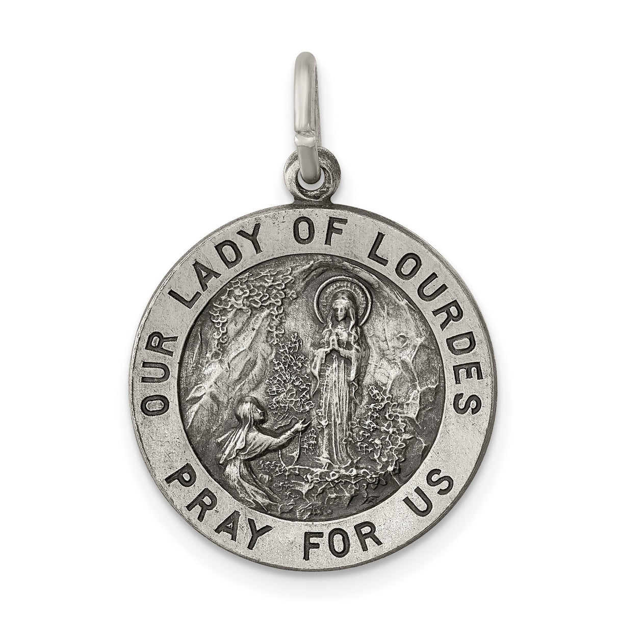 Sterling Silver Our Lady of Lourdes Pendant, Catholic Medal with Pray for Us Inscription
