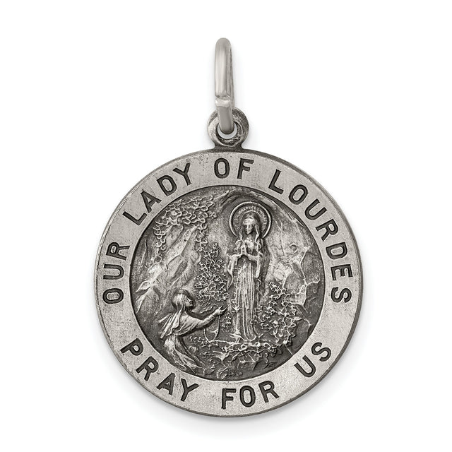 Sterling Silver Our Lady of Lourdes Pendant, Catholic Medal with Pray for Us Inscription