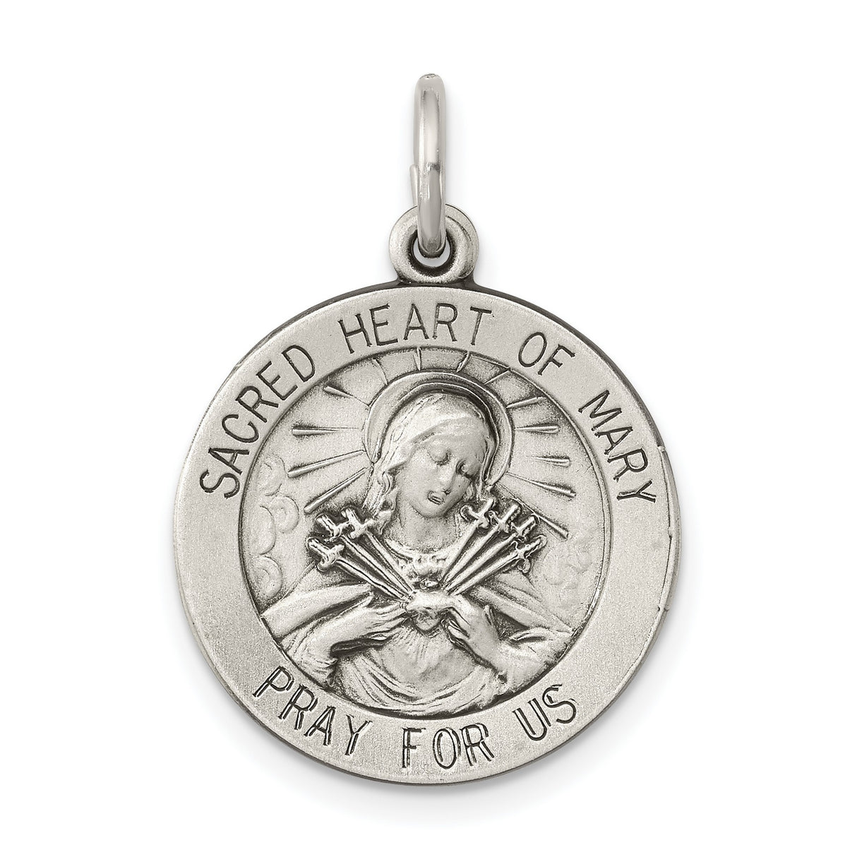 Sterling Silver Sacred Heart of Mary Pendant with Virgin Mary and Seven Swords