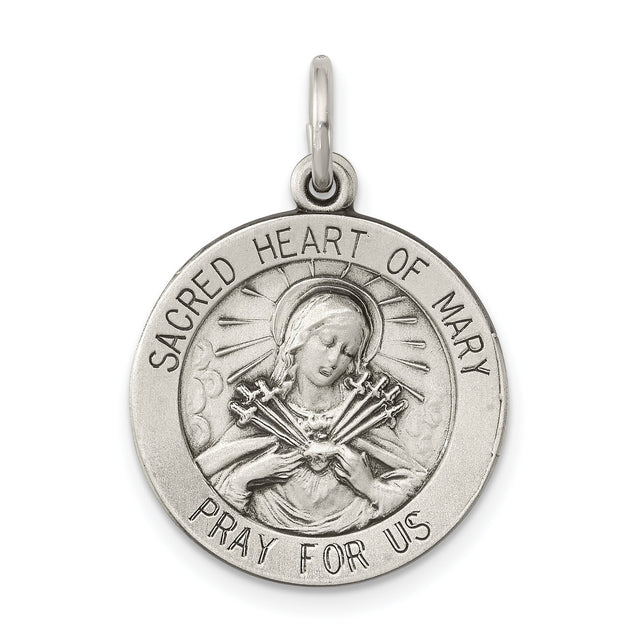 Sterling Silver Sacred Heart of Mary Pendant with Virgin Mary and Seven Swords