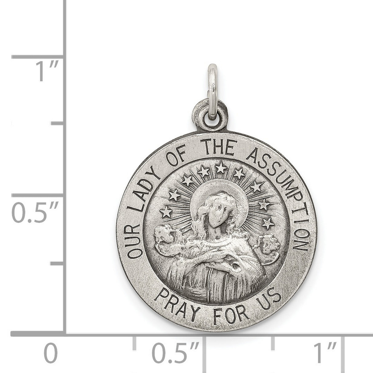 Sterling Silver Our Lady Assumption Pendant with Prayer Inscription , Catholic Religious Medal