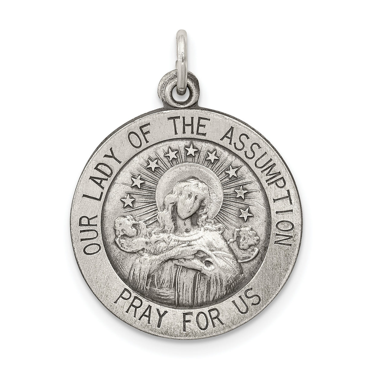 Sterling Silver Our Lady Assumption Pendant with Prayer Inscription , Catholic Religious Medal