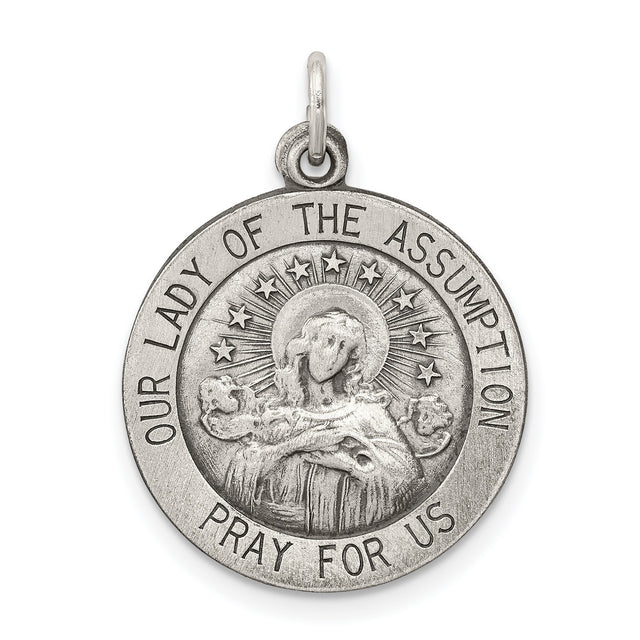 Sterling Silver Our Lady Assumption Pendant with Prayer Inscription , Catholic Religious Medal