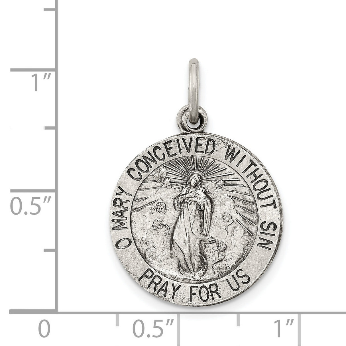 Sterling Silver Virgin Mary Pendant with O Mary Conceived Inscription, Miraculous Medal Design
