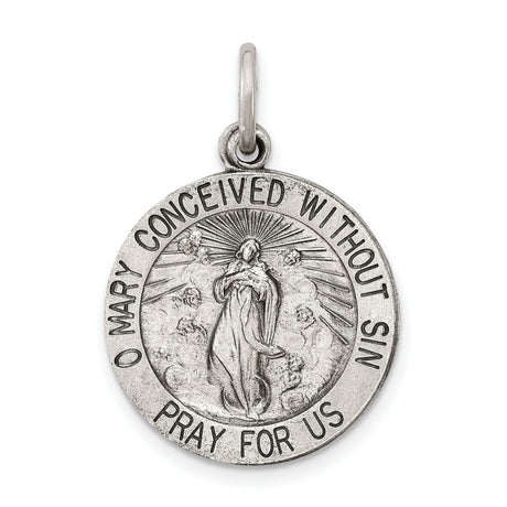 Sterling Silver Virgin Mary Pendant with O Mary Conceived Inscription, Miraculous Medal Design