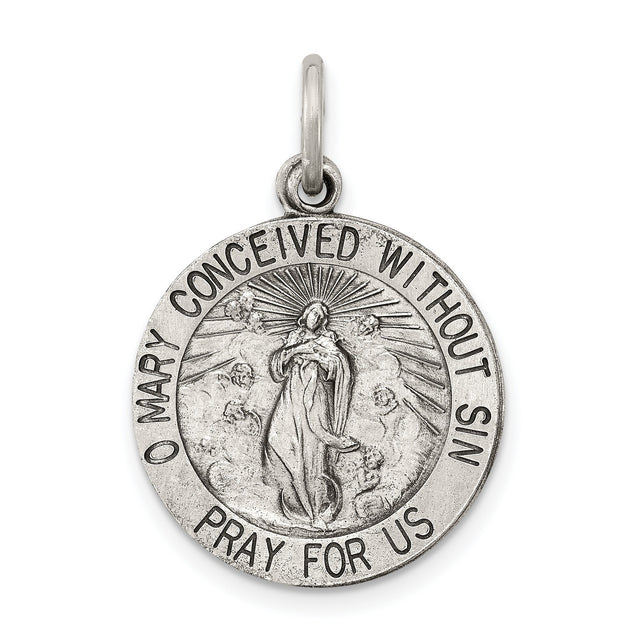 Sterling Silver Virgin Mary Pendant with O Mary Conceived Inscription, Miraculous Medal Design