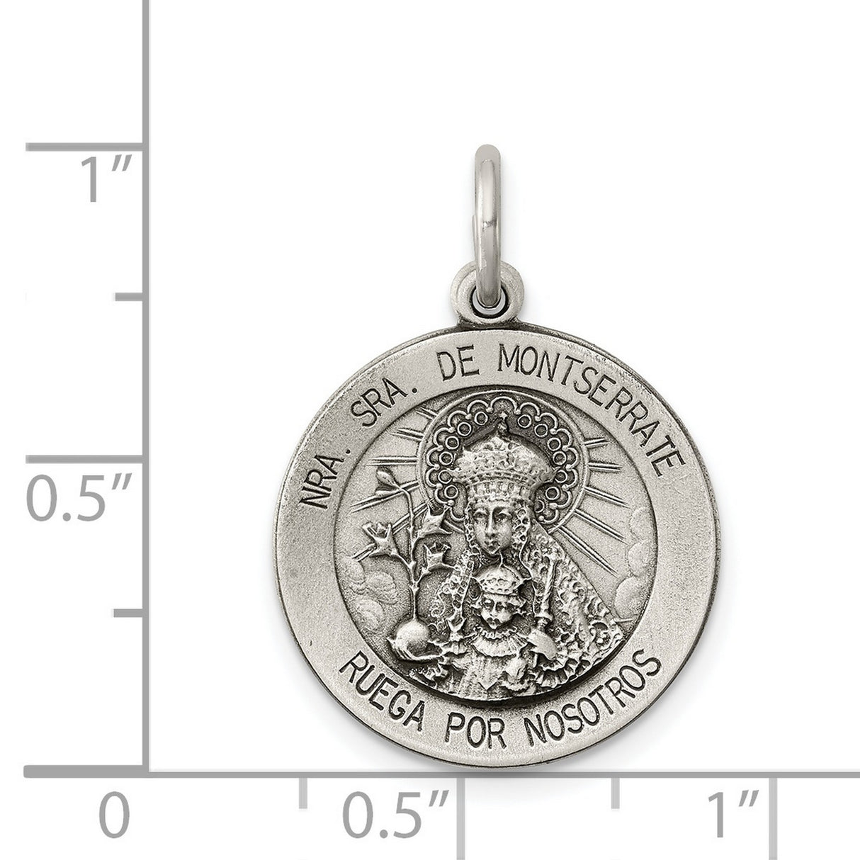 Sterling Silver Our Lady of Montserrate Medal Pendant with Latin Inscription