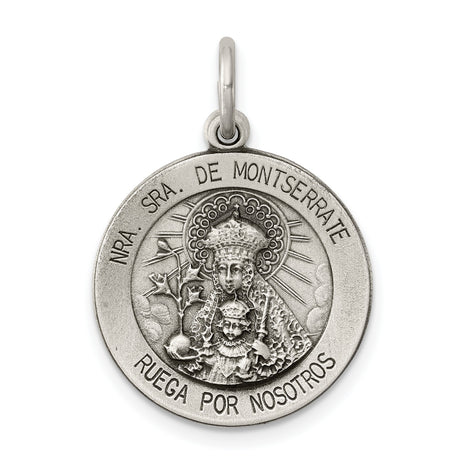 Sterling Silver Our Lady of Montserrate Medal Pendant with Latin Inscription