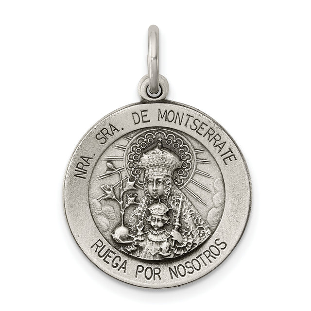 Sterling Silver Our Lady of Montserrate Medal Pendant with Latin Inscription