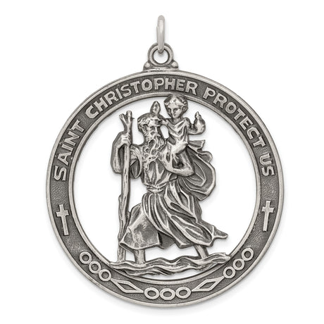 Antiqued Saint Christopher Protect Us Words Charm Pendant in Real 925 Sterling Silver