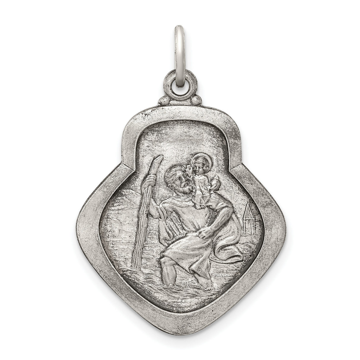 Antiqued Saint Christopher Oblong Charm Pendant in Real 925 Sterling Silver