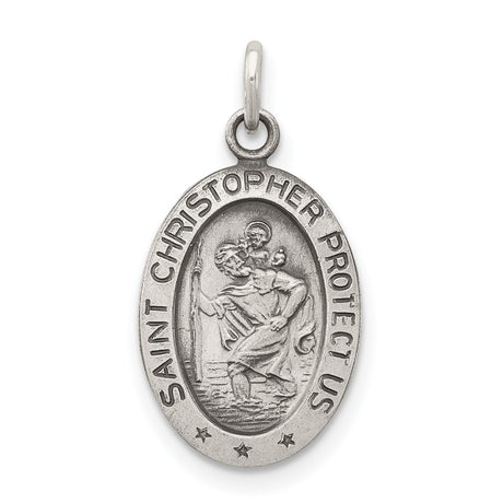 Antiqued Saint Christopher Protect Us Words Oval Charm Pendant in Real 925 Sterling Silver