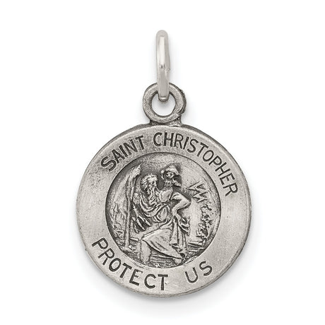 Antiqued Saint Christopher Protect Us Words Charm Pendant in Real 925 Sterling Silver