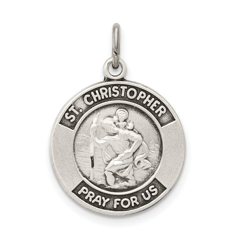 Oxidized Saint Christopher Pray For Us Words Charm Pendant in Real 925 Sterling Silver